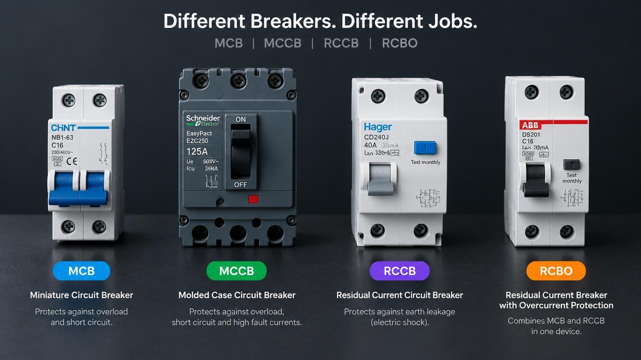 MCB MCCB RCCB RCBO MPCB and ELCB breaker family