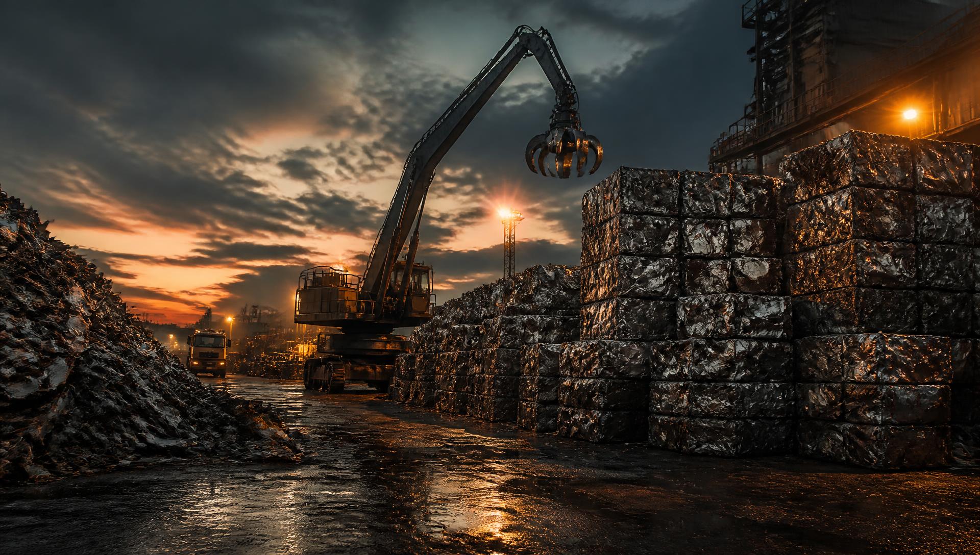 Scrap metal yard with baled metal and crane grabber at dusk
